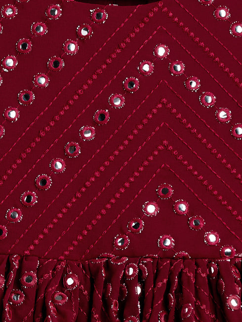 Vastramay SISHU Girl's Maroon Mirror Kurta Pyjama Set